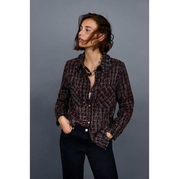 NWT Zara Size M Black Red Tweed Button Up Jacket - Picture 1 of 3